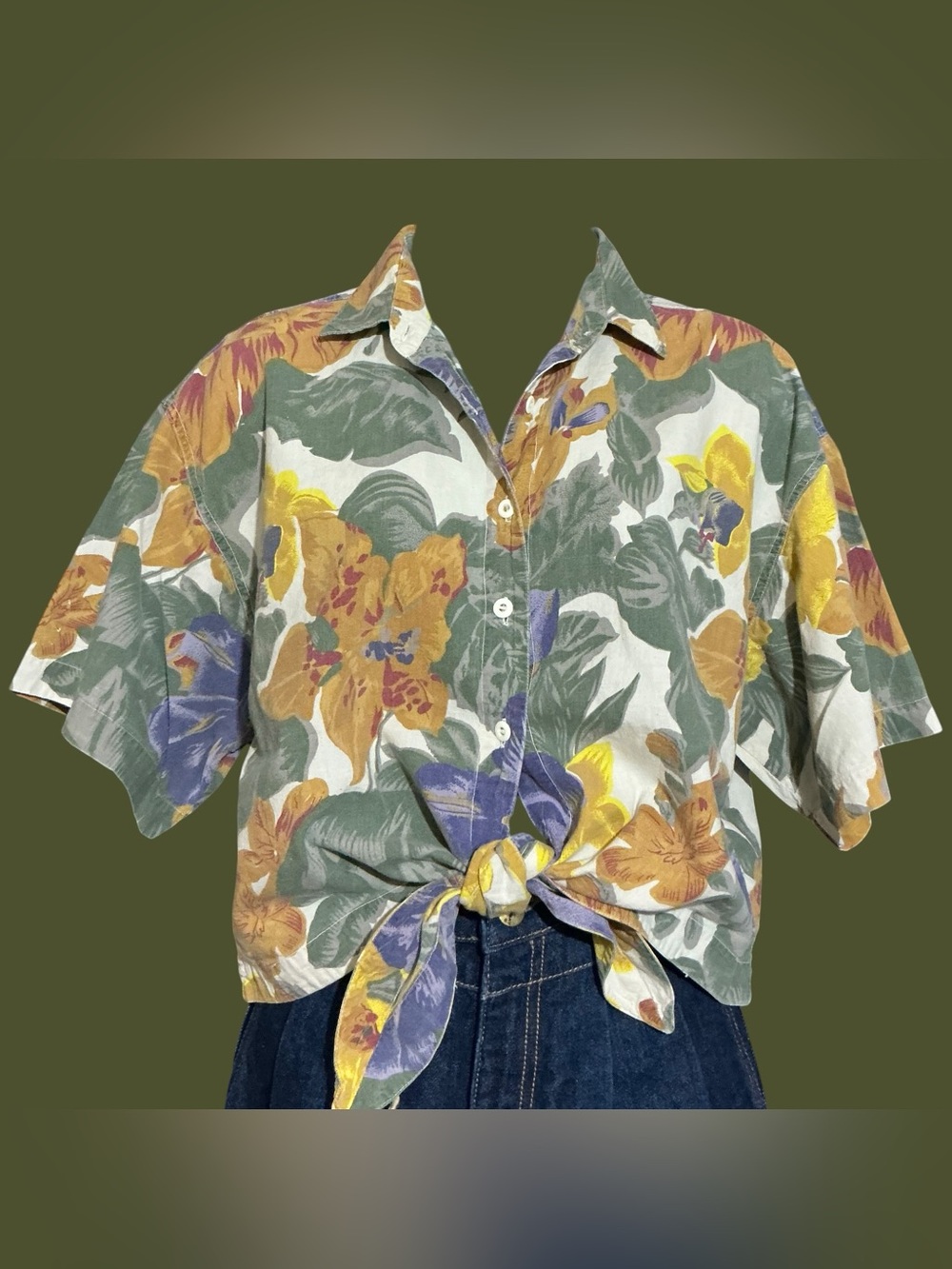 Vintage Paris Sport Club Floral Tie Front Crop Shirt Small